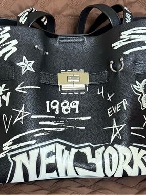 DKNY Black Tote with White Graffiti Print
